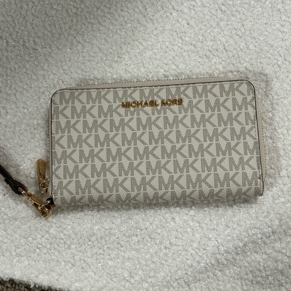 Michael Kors Cream Logo Zip-Around Wristlet Wallet with Gold Hardware